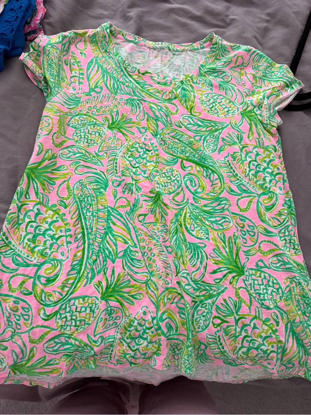 Lilly Pulitzer Pink Short Sleeve Tee with Lime Green Tropical Print
